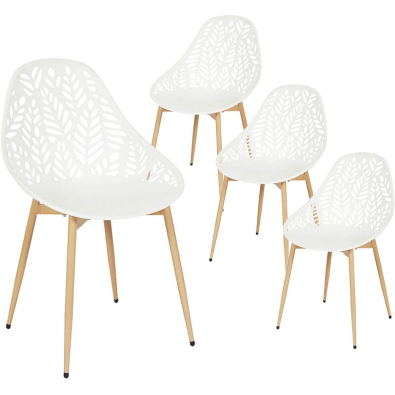 Saya - Lot de 4 Chaises de Jardin Coque Plastique Ajourée Blanc Pieds Métal