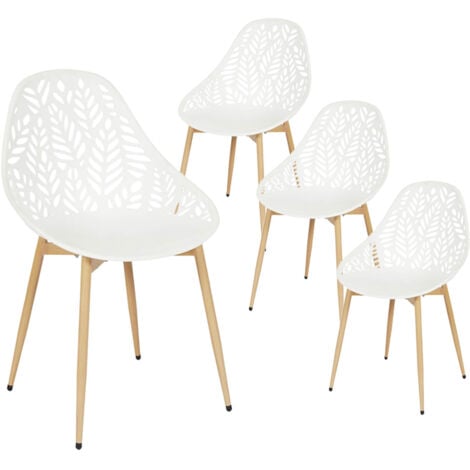 ALTOBUY SAYA - Lot de 4 Chaises de Jardin Coque Plastique Ajourée Blanc Pieds Métal