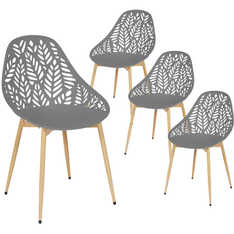 Saya - Lot de 4 Chaises de Jardin Coque Plastique Ajourée Gris Pieds Métal