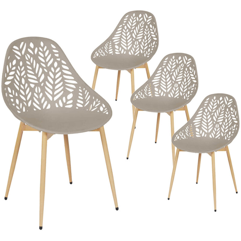Saya - Lot de 4 Chaises de Jardin Coque Plastique Ajourée Taupe Pieds Métal