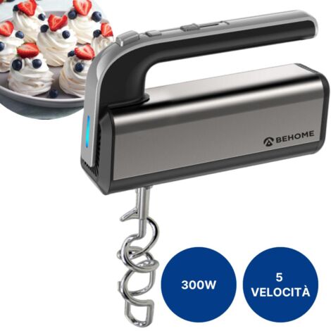 Sbattitore Elettrico Mixer 5 Velocità 300W Turbo con Luce Led Colore Argento e Nero con 2 Fruste per Impasti Morbidi e 2 Ganci per Impasti Duri