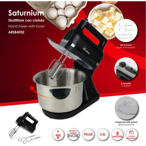 Sbattitore Elettrico Saturnium ARSBAT02 con Ciotola 400 W in Acciaio Inossidabile Nero