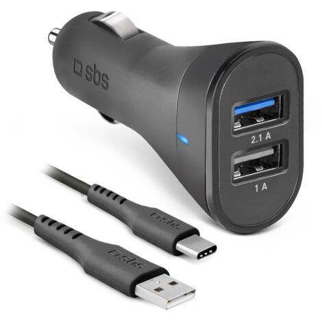 SBS Kit caricatore auto 10 Watt Ricarica rapida con due porte USB e cavo USB e USB C incluso