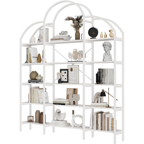Scaffale 170 x 26 x 190 cm in stile semplice, tubo di acciaio e MDF, 5 livelli di stoccaggio, forma a nuvola, facile da montare e pulire, bianco