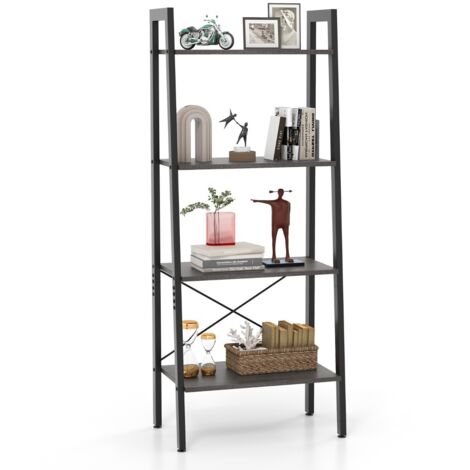 Scaffale 4 ripiani con telaio in metallo e piedini regolabili, Libreria scaffale per ufficio Marrone scuro