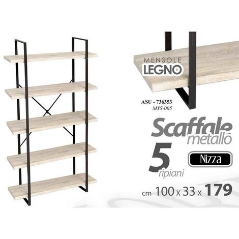 SCAFFALE LIBRERIA 5 RIPIANI LEGNO 30X30X131 CM METALLO NERO 783197