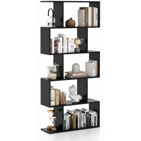Scaffale a 5 ripiani con dispositivo antiribaltamento, Libreria geometrica a forma di S Nero