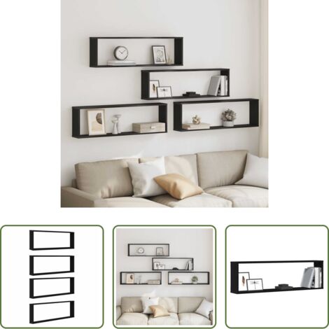 Scaffale a cubo -  Mensole Parete Cubo 4 pz Rovere Nero 100x15x30 cm Multistrato