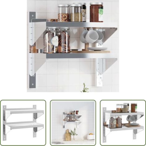 Scaffale a muro -  Mensola a Muro 2 Ripiani 50x23,5x48cm Argento in Acciaio Inox