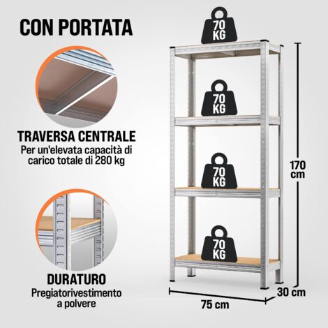 Scaffale alta portata 280kg metallo 170x75x30cm
