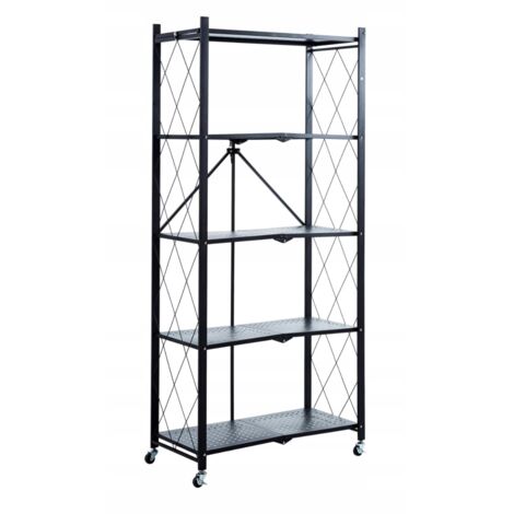 Scaffale alto in metallo rinforzato nero a 5 ripiani in stile loft, portatile, Furnitex