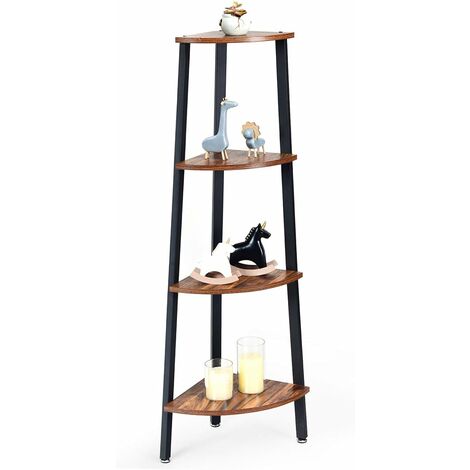Scaffale Angolare a 4 Livelli, Organizzatore Espositore Leggero, Scaffale per la Conservazione, Stand per Libri, in Legno e Metallo