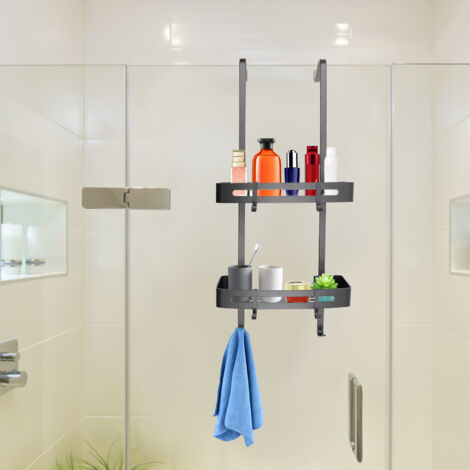 Scaffale bagno a 2 piani in alluminio aerospaziale, mensola doccia appendibile nera