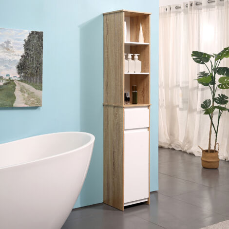 Scaffale Bagno Salvaspazio in Legno, Mobiletto a Colonna con Ripiani, Armadietto e Cassetto, Bianco, 32.6x30x171.2cm