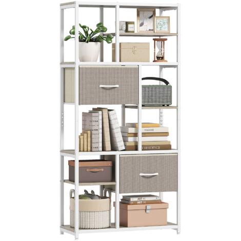 Scaffale contenitore a 6 ripiani, libreria con 2 cassetti in tessuto, 9 ripiani a giorno, 72,5 x 30 x 150 cm, bianco