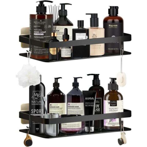 Scaffale da bagno senza fori in alluminio nero – 1 ripiano + 4 ganci + 6 piedini adesivi – Ideale per bagno e cucina