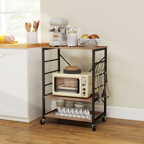 Scaffale da Cucina a 3 Livelli Stile Industriale, Mobile per Microonde e Portavivande con Ruote e 4 Ganci, Struttura in Acciaio, per Soggiorno e Salotto, 60x40x84 cm, Teak