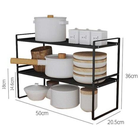 Scaffale da cucina a due livelli, robusto e durevole, in acciaio al carbonio, nero, per una conservazione efficiente, 51x21x36,8 cm