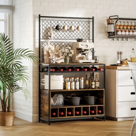 Scaffale da cucina in legno marrone rustico con struttura in metallo, piano di lavoro 96,5 cm, portabottiglie e 5 ganci
