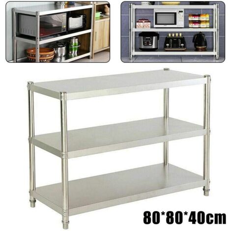 Scaffale da cucina per spezie, 3 ripiani, 80 x 80 x 40 cm, in acciaio inox, per gastronomia e microonde, scaffale per carichi pesanti