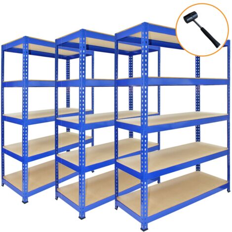 Scaffale da Garage ad Incastro Q-Rax Scaffali per Garage Scaffalature Officina in Acciaio e MDF Senza Bulloni Mensole per Garage - Blu - 90cm x 50cm - 3 Pezzi con Martello