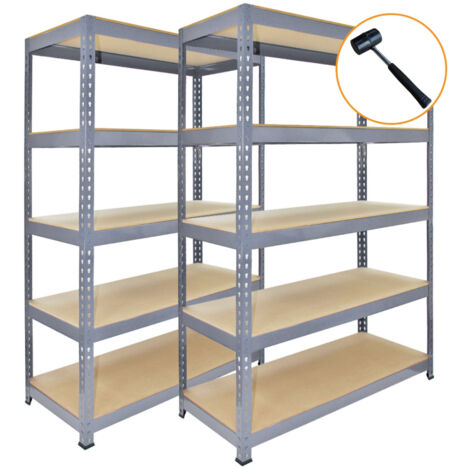 Scaffale da Garage ad Incastro Q-Rax Scaffali per Garage Scaffalature Officina in Acciaio e MDF Senza Bulloni Mensole per Garage - Grigio - 120cm x 50cm - 3 Pezzi con Martello