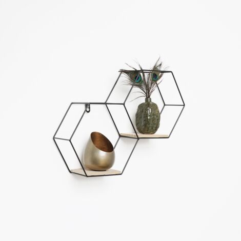 Scaffale da parete doppio esagonale in metallo con 2 ripiani in legno - 30,5x41 cm - Nero
