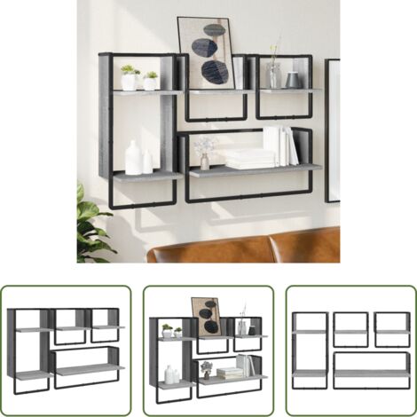 Scaffale da parete -  Set Mensole Parete con Aste 4pz Grigio Sonoma Legno Multistrato