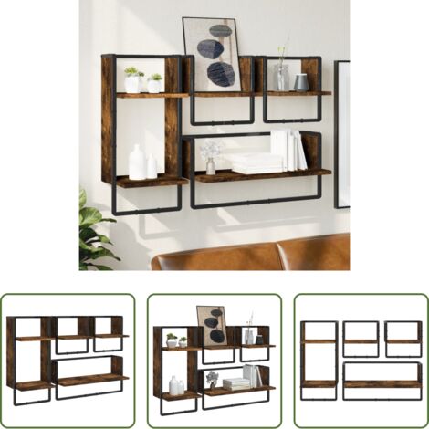 Scaffale da parete -  Set Mensole Parete con Aste 4pz Rovere Fumo Legno Multistrato
