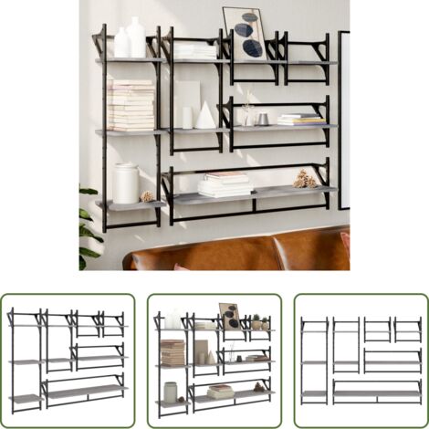 Scaffale da parete -  Set Mensole Parete con Aste 6pz Grigio Sonoma Legno Multistrato