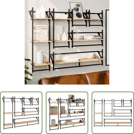 Scaffale da parete -  Set Mensole Parete con Aste 6pz Rovere Sonoma Legno Multistrato