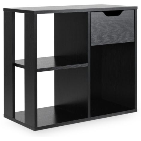 Scaffale di stoccaggio espositivo in legno a 2 livelli per soggiorno, Libreria a 3 cubi con cassetto estraibile Nero