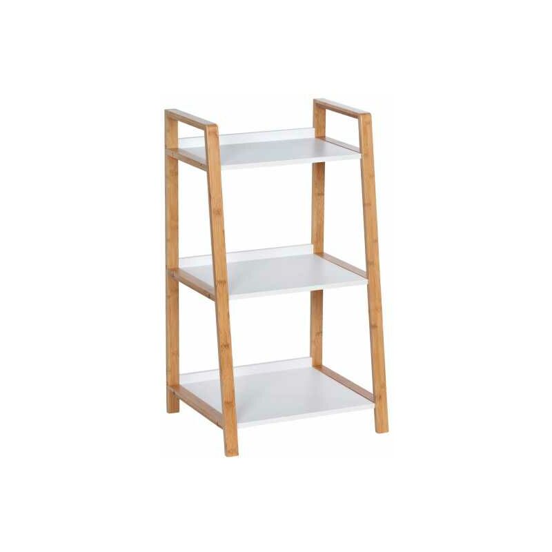 WENKO Scaffale per bagno Finja in bambù, piccolo mobiletto da bagno, 3 ripiani a terra, Bambù - MDF, 43x76x36 cm, Bianco - Marrone