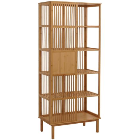 Scaffale in bambù HHG-588, mobile da bagno armadietto cassettiera, 5 ripiani porta scorrevole MVG 186x80x45cm