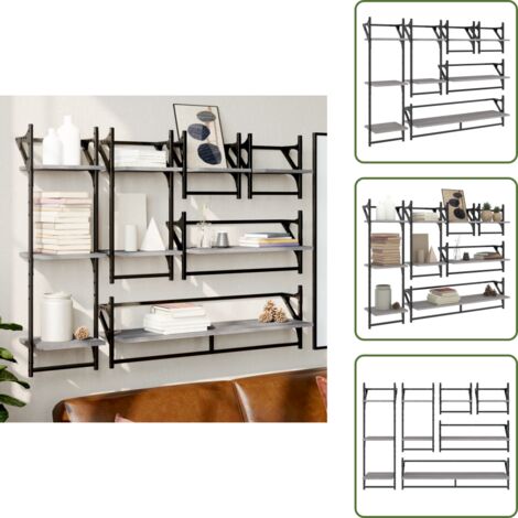 Scaffale in legno - vidaXL Set Mensole Parete con Aste 6pz Grigio Sonoma Legno Multistrato - Mensole a muro