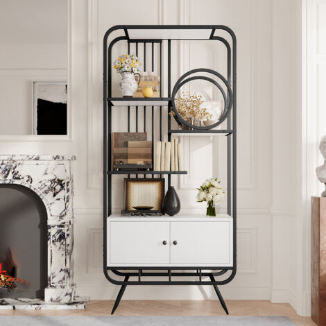Scaffale in metallo 80 x 30 x 180 cm, mobiletto portaoggetti con doppie ante e tre ripiani, piedini in metallo nero, design moderno, bianco e nero