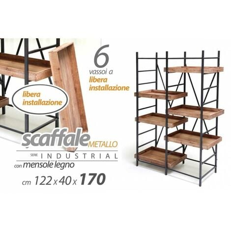 Scaffale in metallo mensole legno libere stile urban industrial cm 122 x 40 x 170 h
