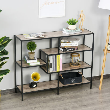 Scaffale Libreria Asimmetrica in Stile Industriale, in Legno e Metallo Nero, 120x32x95cm