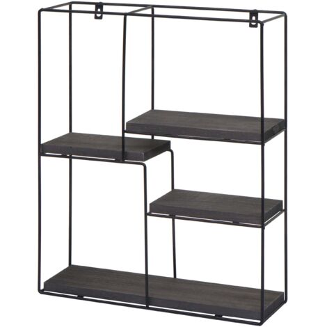 Scaffale mensola portaoggetti pensile 4 ripiani HHG-616 rettangolare 51x40x11cm ferro verniciato legno grigio scuro