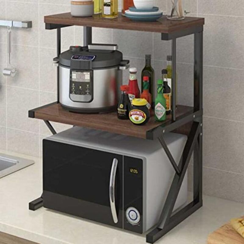 Scaffale estensibile per forno a microonde, ripiano in metallo a microonde, con 3 ganci di stoccaggio (40-65 x 36,5 x 42 cm) (Nero