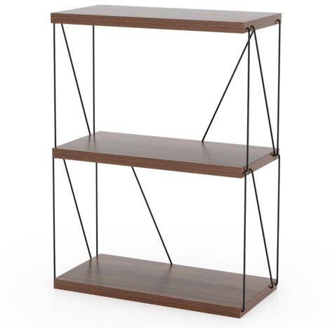 Scaffale multiuso a 3 ripiani con struttura in metallo, Libreria autoportante con stile industriale Noce 61x29,5x82cm