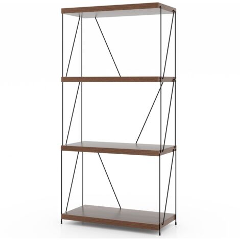 Scaffale multiuso a 4 ripiani con struttura in metallo, Libreria autoportante con stile industriale Noce 61x29,5x105cm