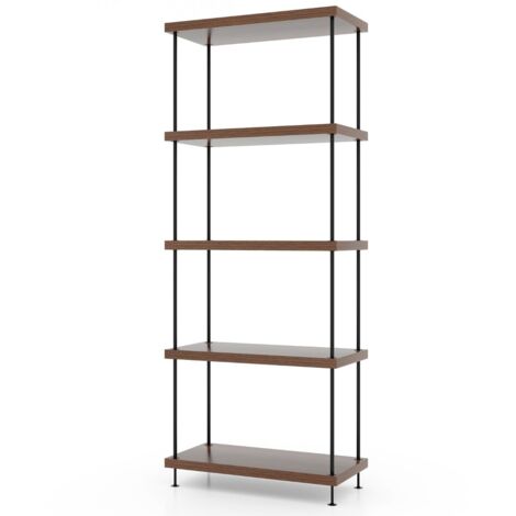 Scaffale multiuso a 5 ripiani con struttura in metallo, Libreria autoportante con stile industriale Noce 60x29,5x147cm