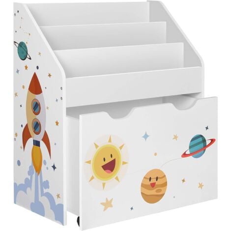 Scaffale per Giocattoli, Libreria per Bambini a 3 Scomparti, Contenitore Portagiochi Estraibile con Ruote, Multiuso, per Cameretta e Stanza dei Giochi, Bianco