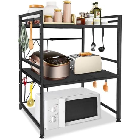 Scaffale per microonde Scaffale espandibile a 3 livelli Scaffale per microonde da cucina Scaffale da appoggio con 3 ganci Organizzatore per scaffali da cucina Nero NAIZY