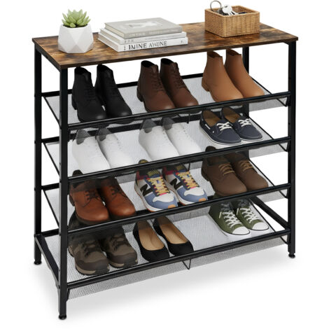 Scaffale per scarpe Relaxdays Industrial, 4 ripiani, HLP: 85 x 80 x 30 cm, scarpiera, effetto legno, nero/marrone