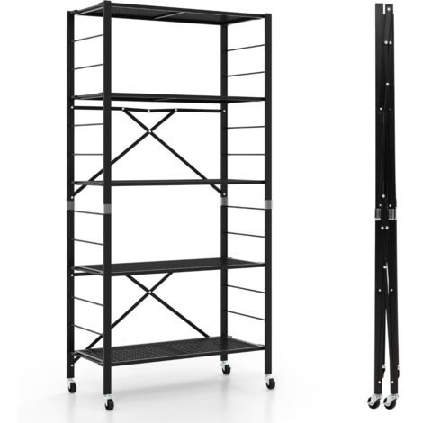 Scaffale pieghevole in metallo con ruote e 5 ripiani Carrello da cucina balcone soggiorno 76x34,5x153cm Nero