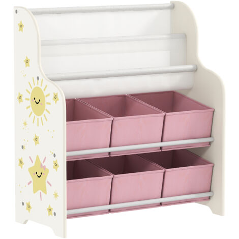 Scaffale Portagiochi per Bambini 63x30x71 cm con 6 Cassetti in Tessuto e Libreria a 2 Livelli in Legno e Acciaio Rosa