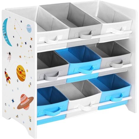 Scaffale Portaoggetti, 9 Scatole per Giocattoli e Libri, Organizzatore in Tessuto TNT, per Camera dei Bambini, Sala Giochi, Asilo, 62,5 x 29,5 x 60 cm, Motivi Spaziali, Bianco