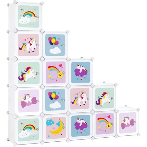 Scaffale Portaoggetti a 16 Cubi per Bambini, Portagiochi ad Incastro, Armadio in Plastica, Organizzatore Modulare per Abiti Scarpe Zainetto, 123 x 31 x 123 cm, Bianco